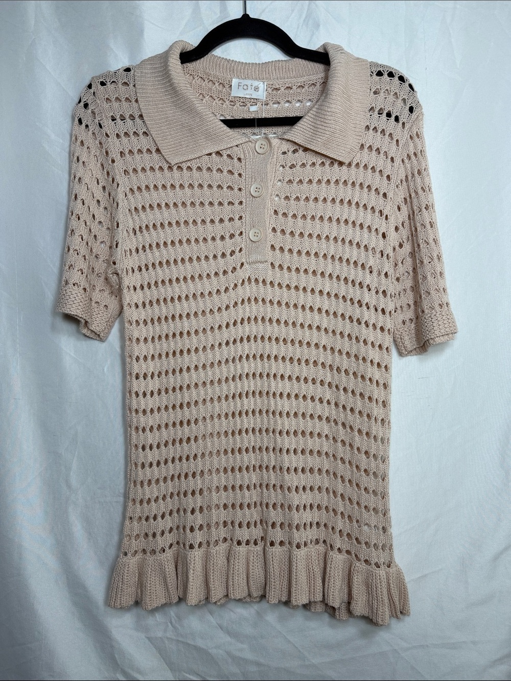 Fate NWT Crochet Knit Polo Top Tan Ruffle Hem Coquette L